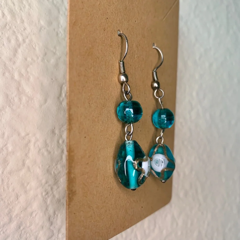 Green Bead with Gold Accent Drop Earrings - Picture 5 of 8